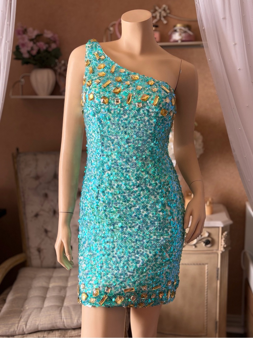 Alyce Paris Aqua Sequin Rhinestone Open Back Mini Dress Size 4